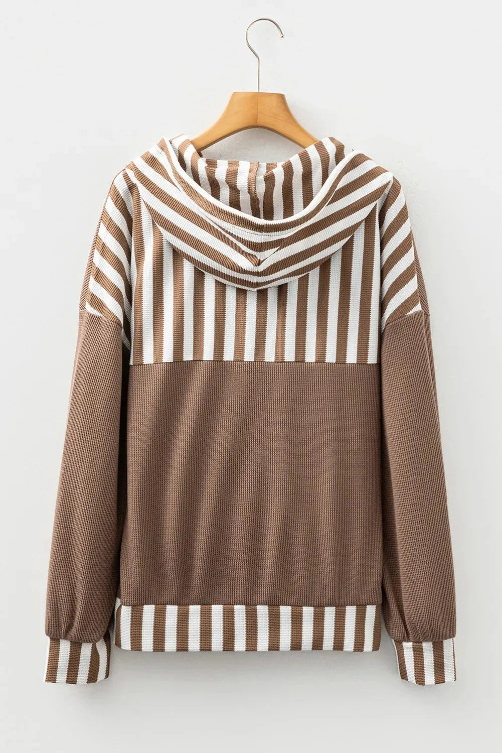 Straw yellow waffle texture hoodie with patchwork stripes and front drawstring