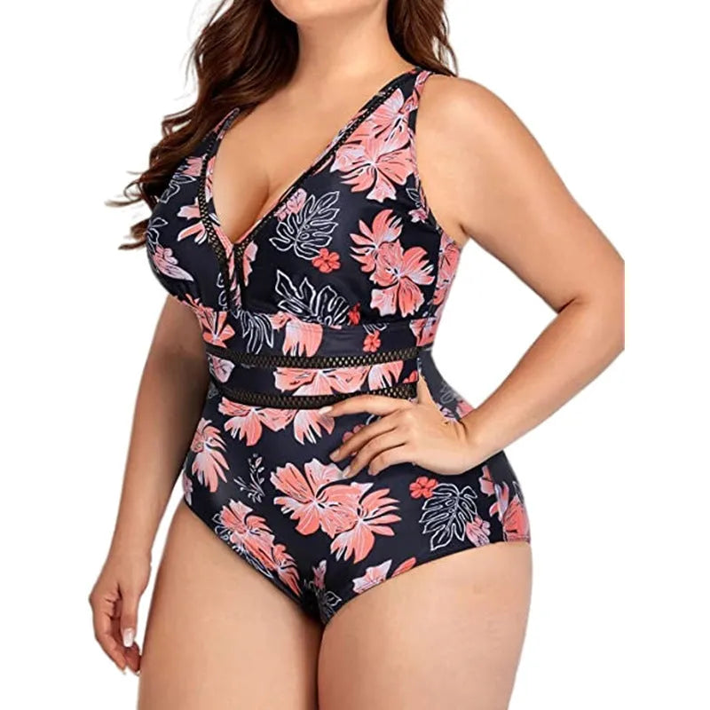 Black plus-size women's bikini swimsuit with mesh fabric stitching and floral print pattern