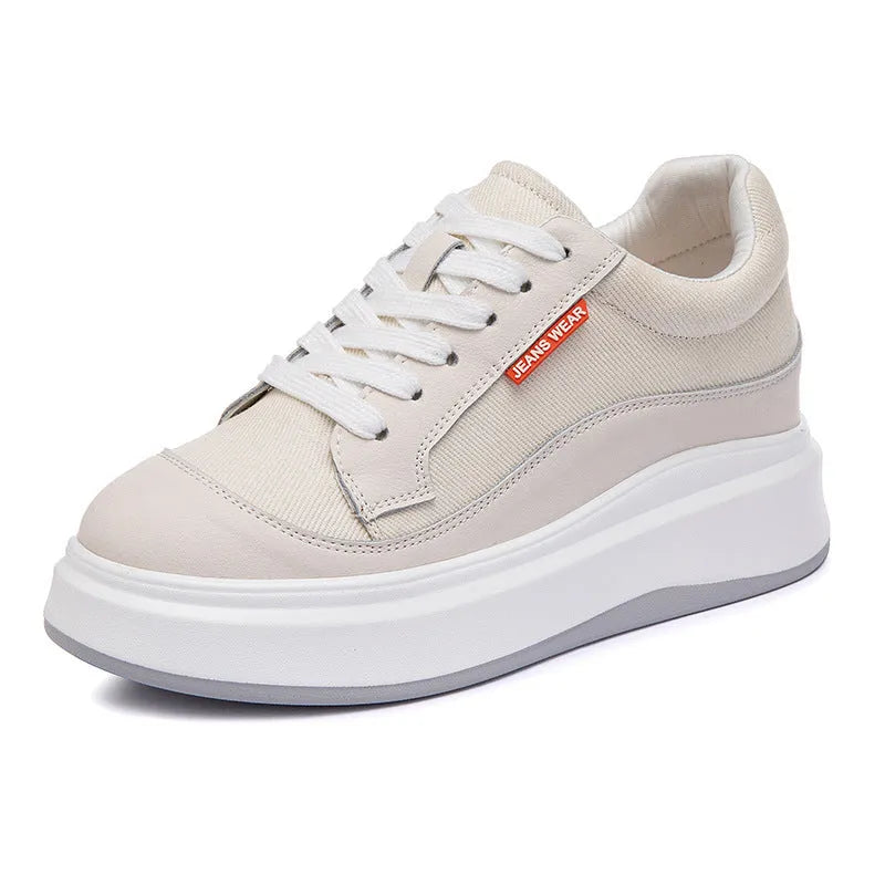 Women's beige leather board shoes with a thick sole, shown from a side angle on a neutral background.