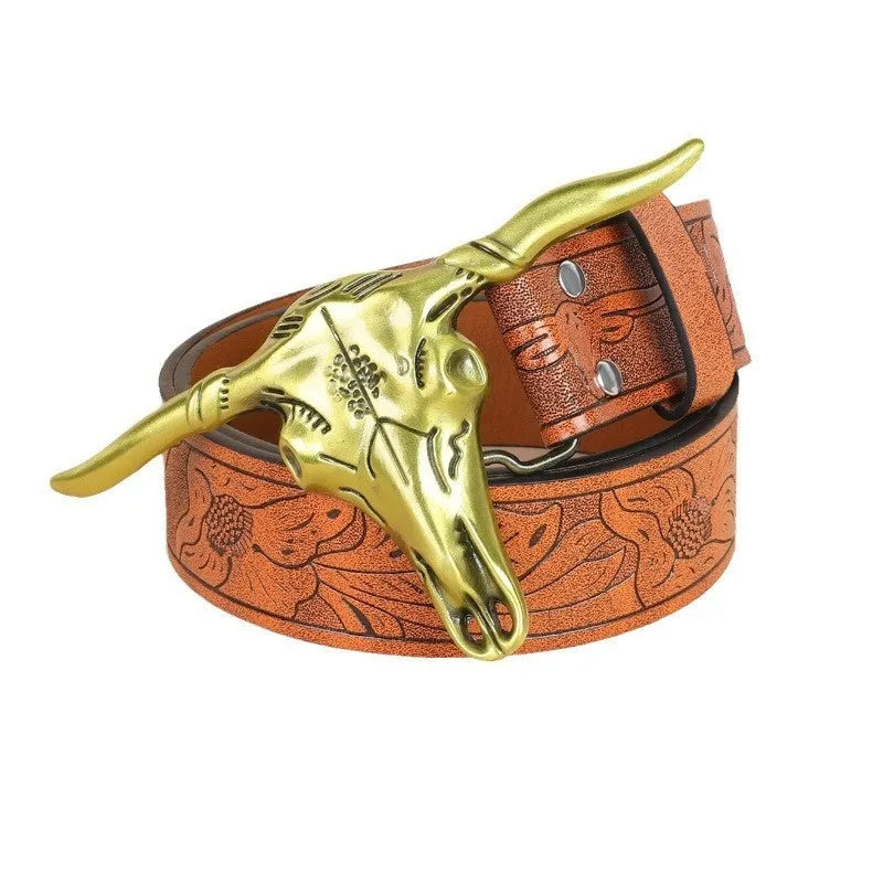 Men's black imitation leather belt with a detailed silver-toned alloy cow head buckle and pin buckle fastening.