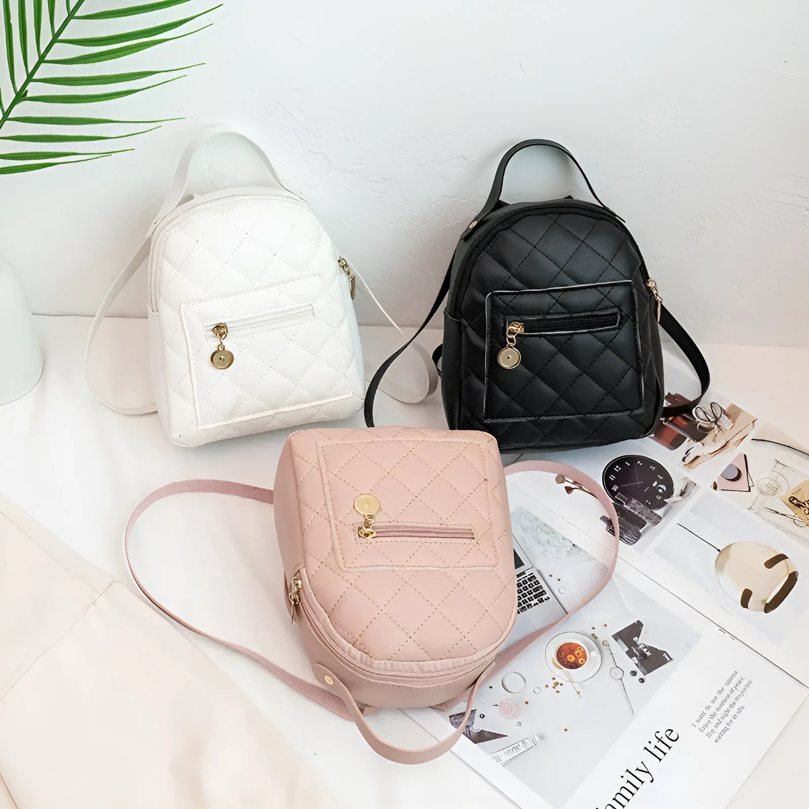 Girls' Korean style embroidered hard square backpack in PU material measuring 16x7x19cm