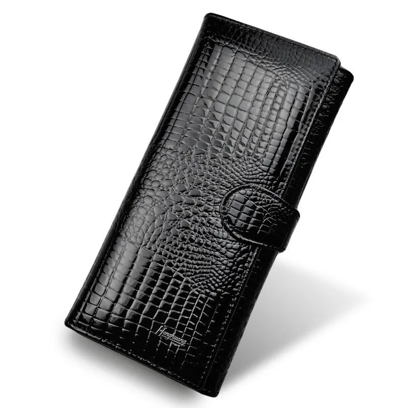 Genuine leather women's coin purse with crocodile pattern patent finish in wine red colour