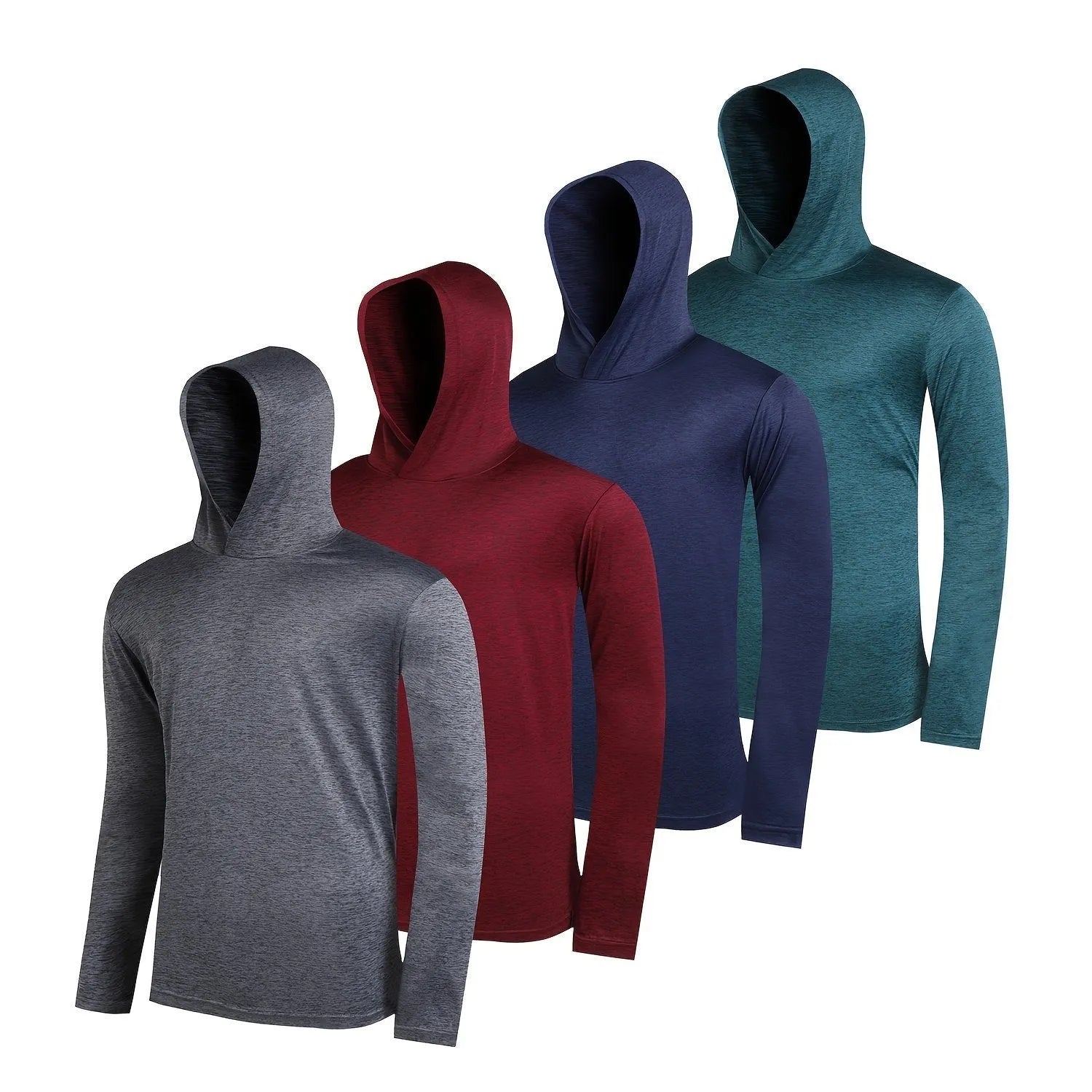 Men's lightweight polyester hoodie bundle in multiple colours, showing front view of hoodie with and without hood.