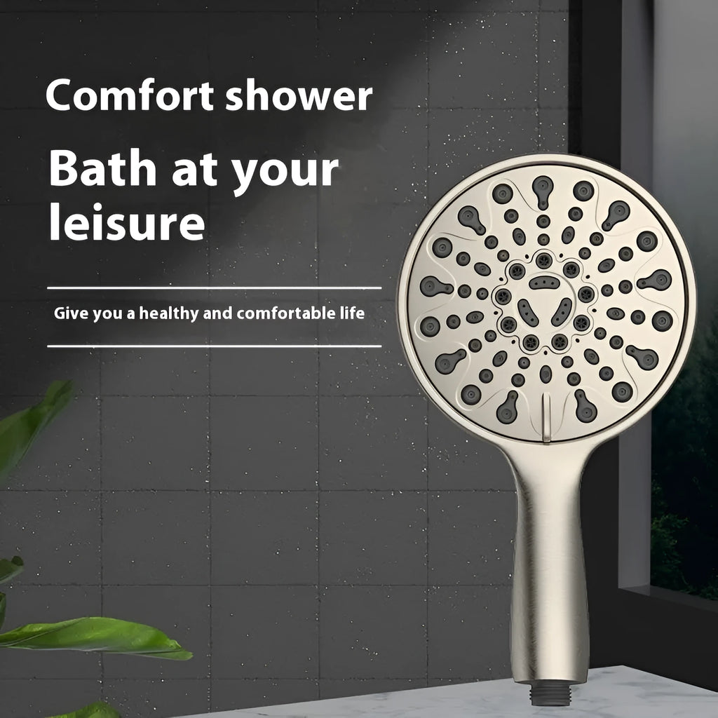 Portable six-function handheld shower head with electroplated finish and 6-inch hose