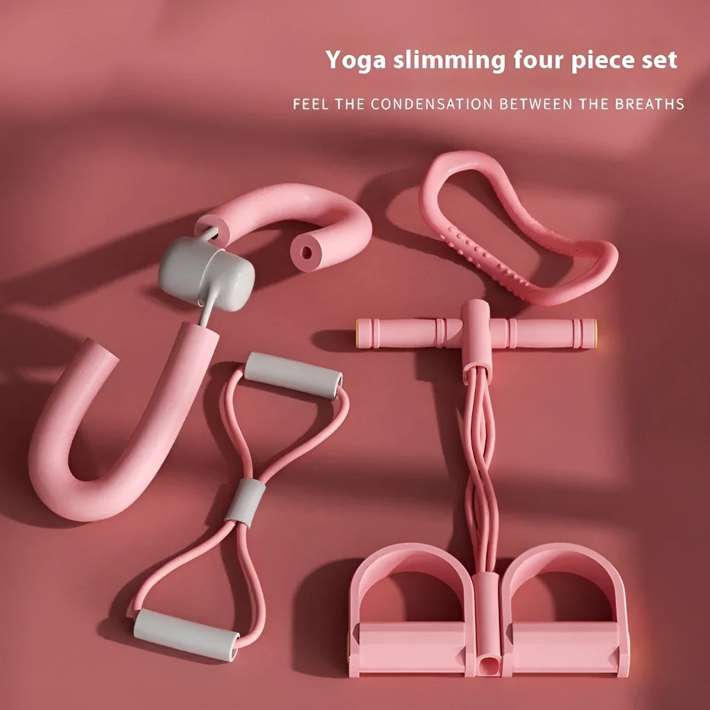 Yoga four piece fitness set showing leg stretching device, foot pedal resistance band, yoga ring, and figure eight tension rope