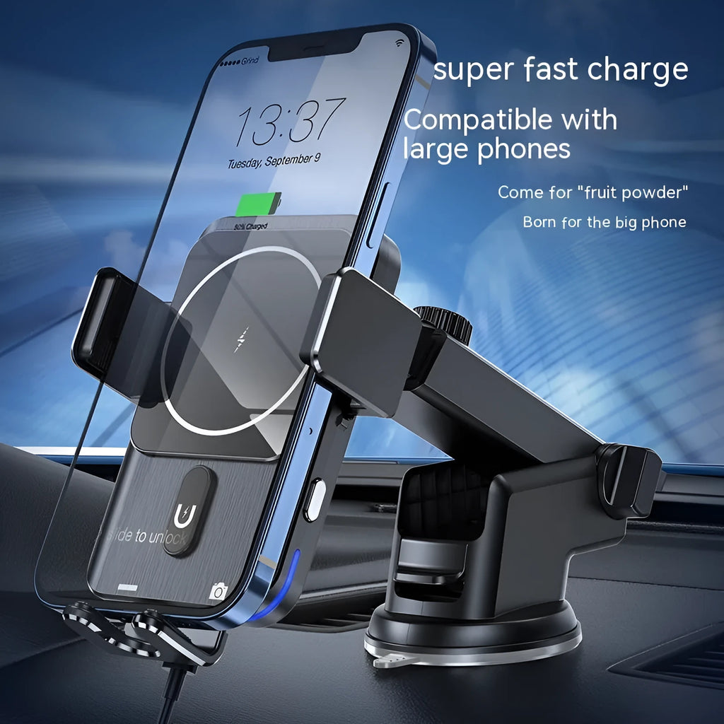Black car wireless phone charger with 15W fast charging and clip or suction cup mount options