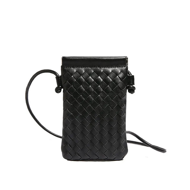 Vintage weave pattern PU leather crossbody phone bag in vertical square shape showing dark cell interior