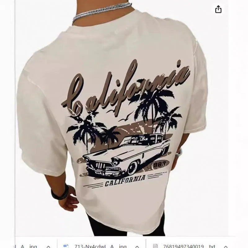 Men's grey printed streetwear short-sleeved sports T-shirt on a hanger.