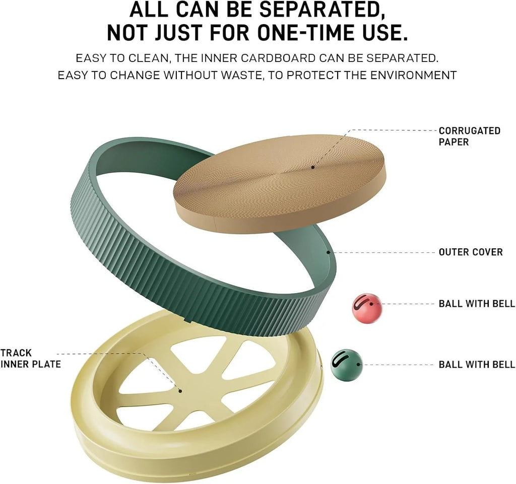 Large circular cat scratching board with replaceable cardboard centre and integrated ball toys
