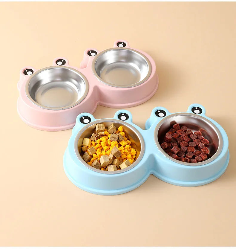 Stainless steel pet bowl with double compartments and frog pattern design for dogs and cats