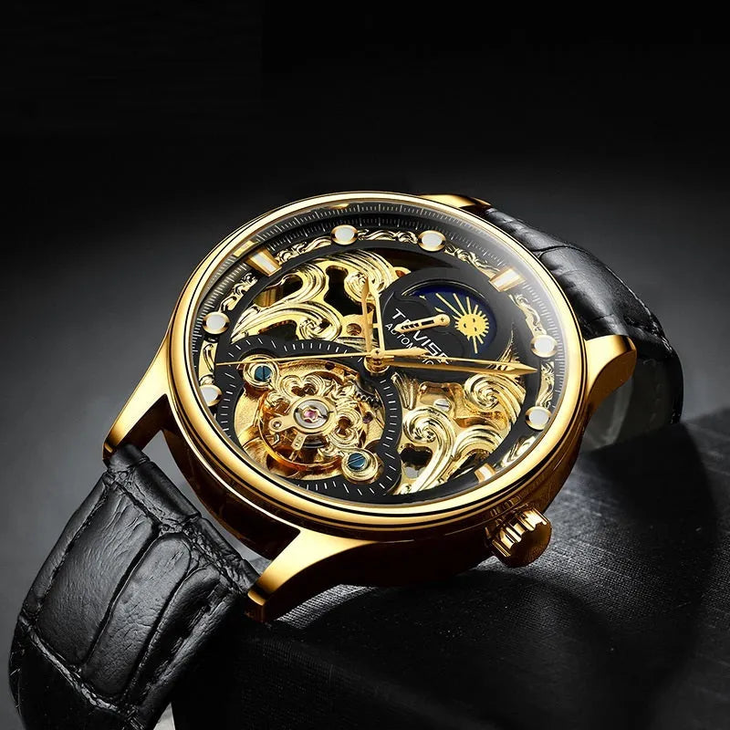 Men's gold leather strap mechanical watch with automatic movement and waterproof construction