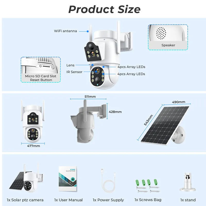 Outdoor solar powered wifi security camera with solar panel and 4MP HD resolution