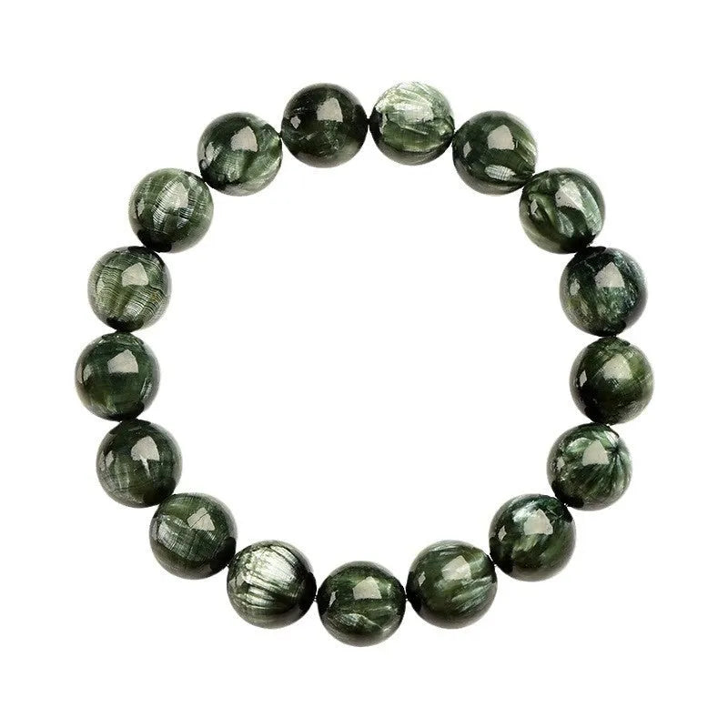 Green Dragon Crystal bracelet with Ruyi design and 8-9mm round beads on a wrist.