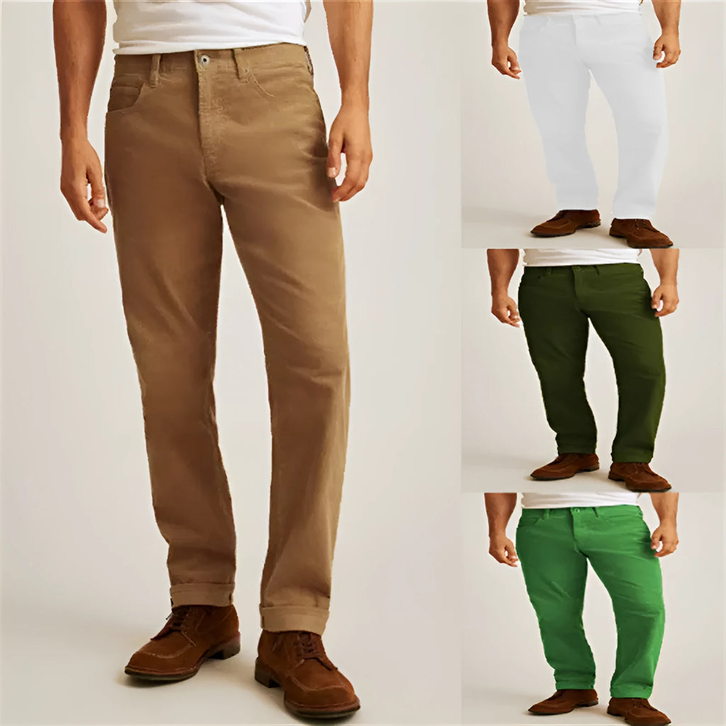 Straight-leg corduroy trousers in green colour with mid-waist styling and zip fly opening