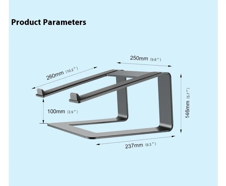 Aluminium laptop stand in black colour showing 29.9cm width and 18.5cm height dimensions