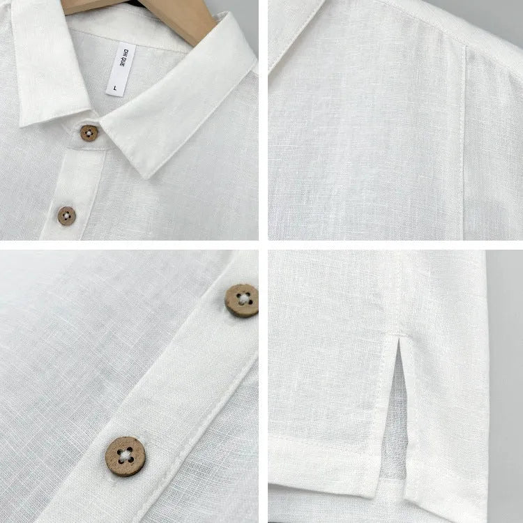 Men's loose-fit linen summer top with short sleeves and thin lapels in a grey green colour.
