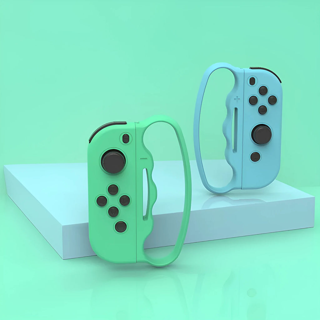 Joy-Con game controller grips with hand ropes in black, blue green, and blue red colours