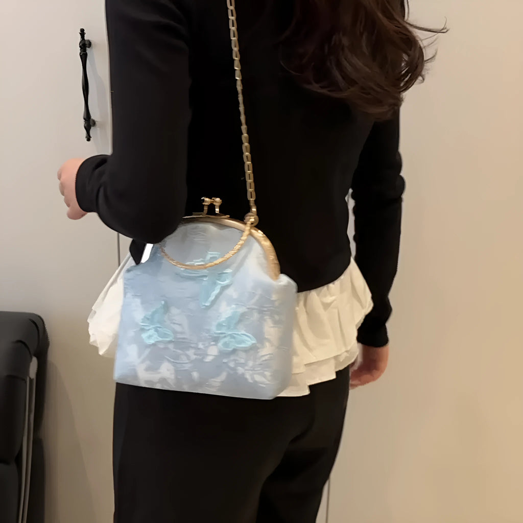 Women's fabric embroidered chain retro messenger bag in bucket shape, soft material, single shoulder strap, colour black