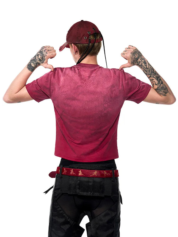 Men's slim-fit distressed red T-shirt with round neck collar and short sleeves on white background