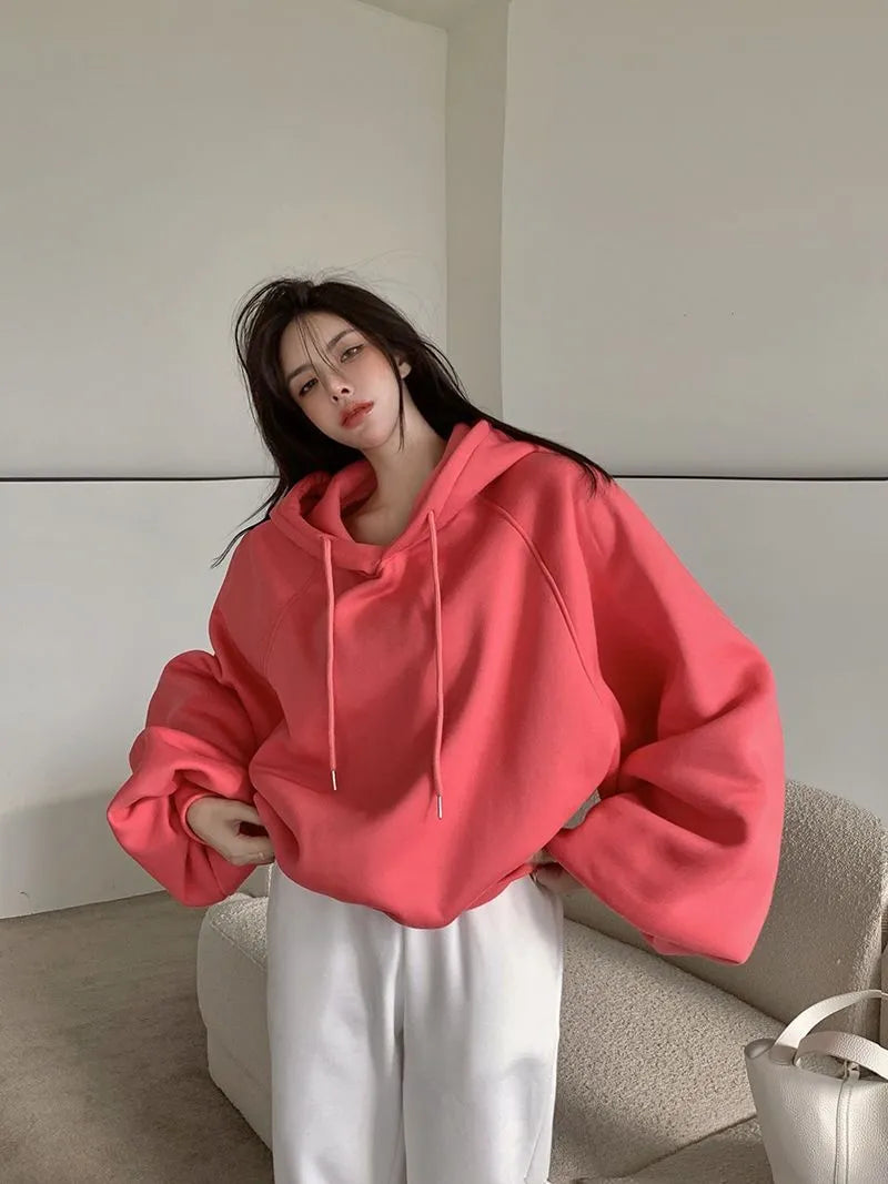 Women's loose mulberry silk hooded sleeveless sweater in watermelon red colour