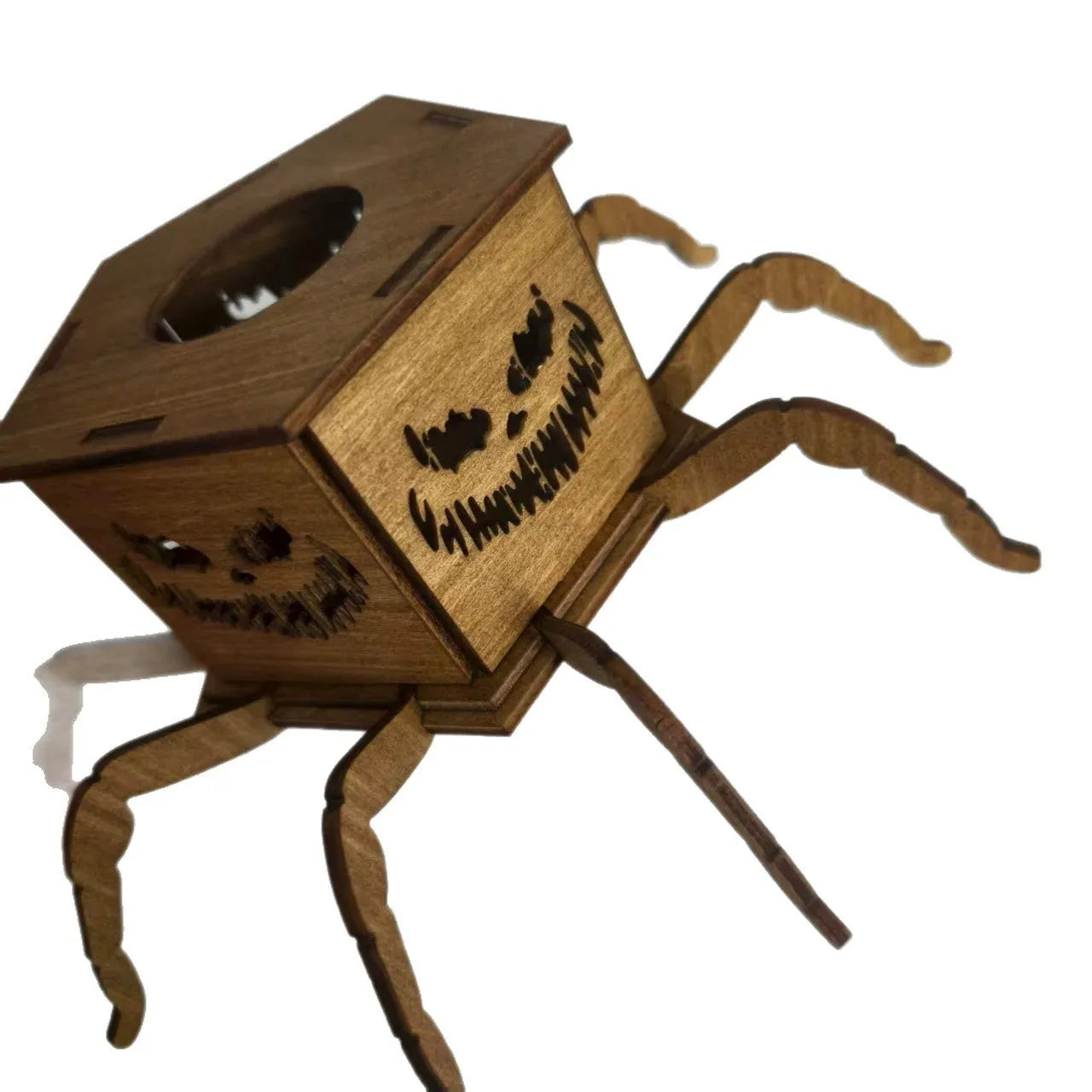 Wooden spider-themed lantern candlestick decoration measuring 21cm tall
