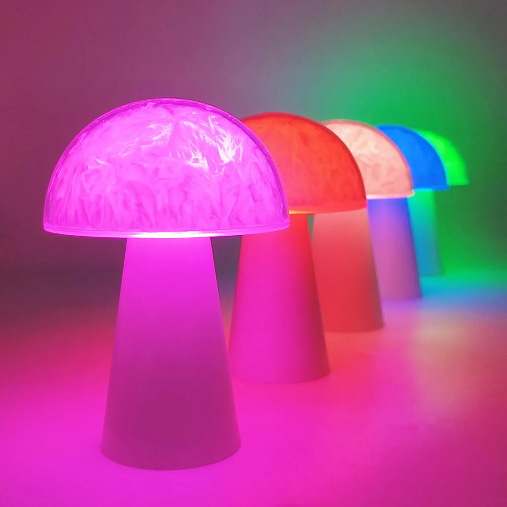 Mushroom-shaped remote control night lamp with RGB colour changing lights, measuring 9cm wide by 13.5cm tall
