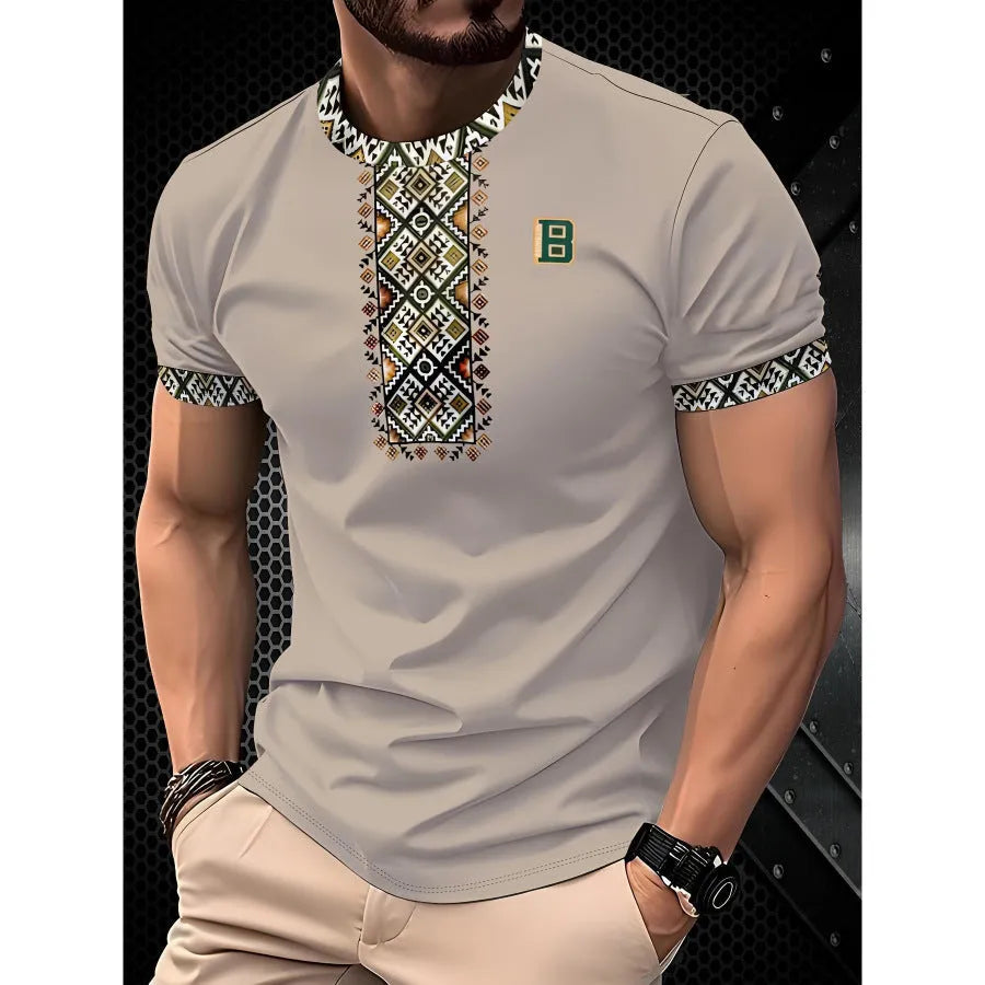 Men's striped short-sleeve T-shirt with digital 3D printing in loose business casual style