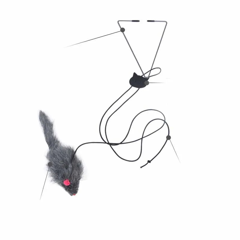 Pet telescopic hanging door cat toy with grey mouse shape on elastic rope approximately 1.8 metres long, with triangle hook and adjustable buckle