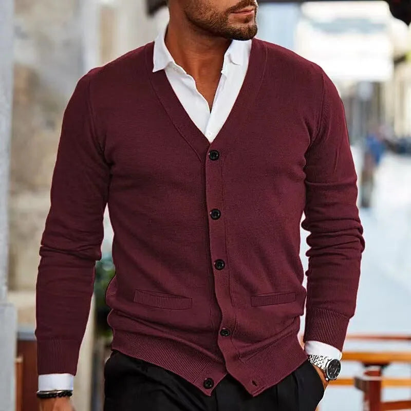Men's slim fit acrylic cardigan sweater in light grey colour showing front button detail and long sleeves