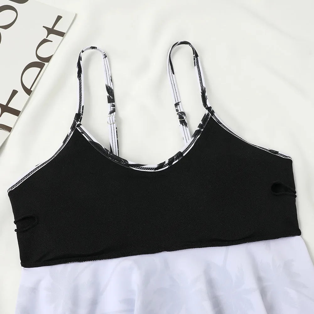 High-waist double-layer swimsuit with printed pattern, sleeveless top and briefs