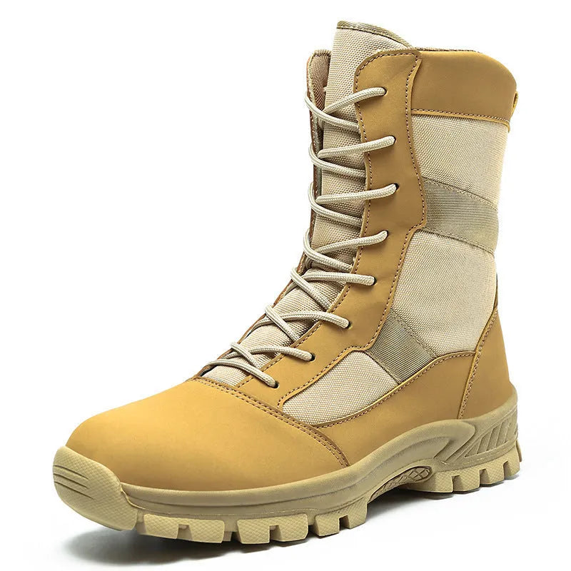 Men's black and camouflage high-top combat boots with mesh upper and lace-up design
