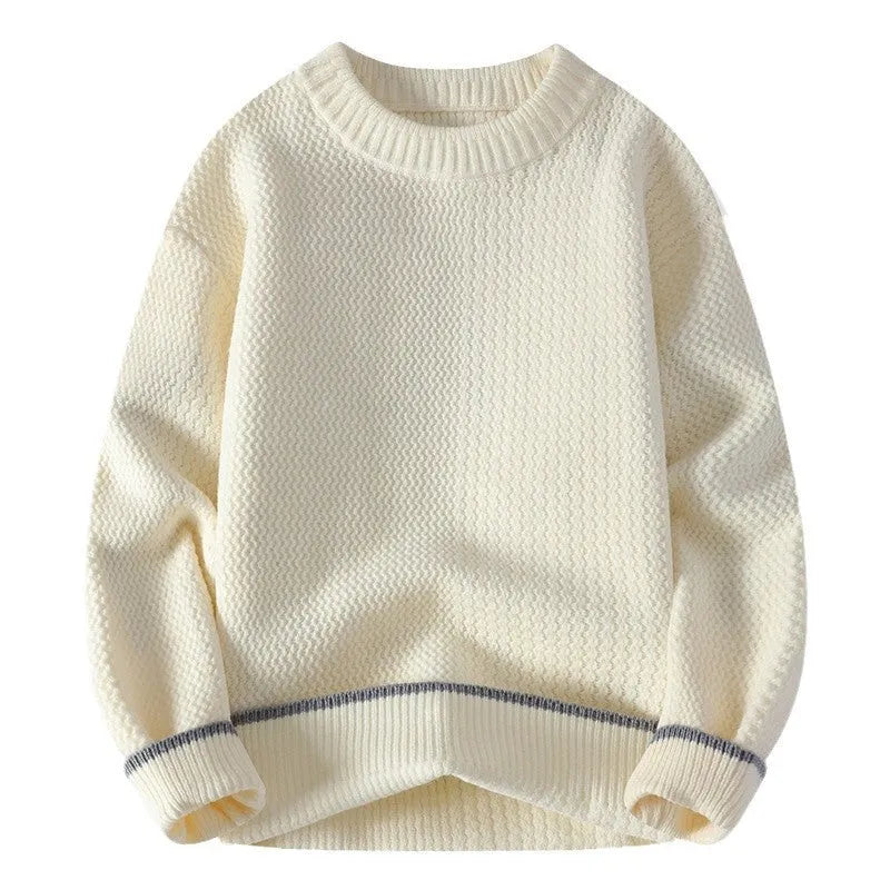 Grey men's loose fit round neck long sleeve casual pullover sweater on a hanger.