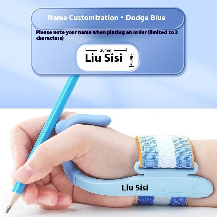 Blue anti-hook wrist brace pen corrector for children's handwriting posture on a desk.