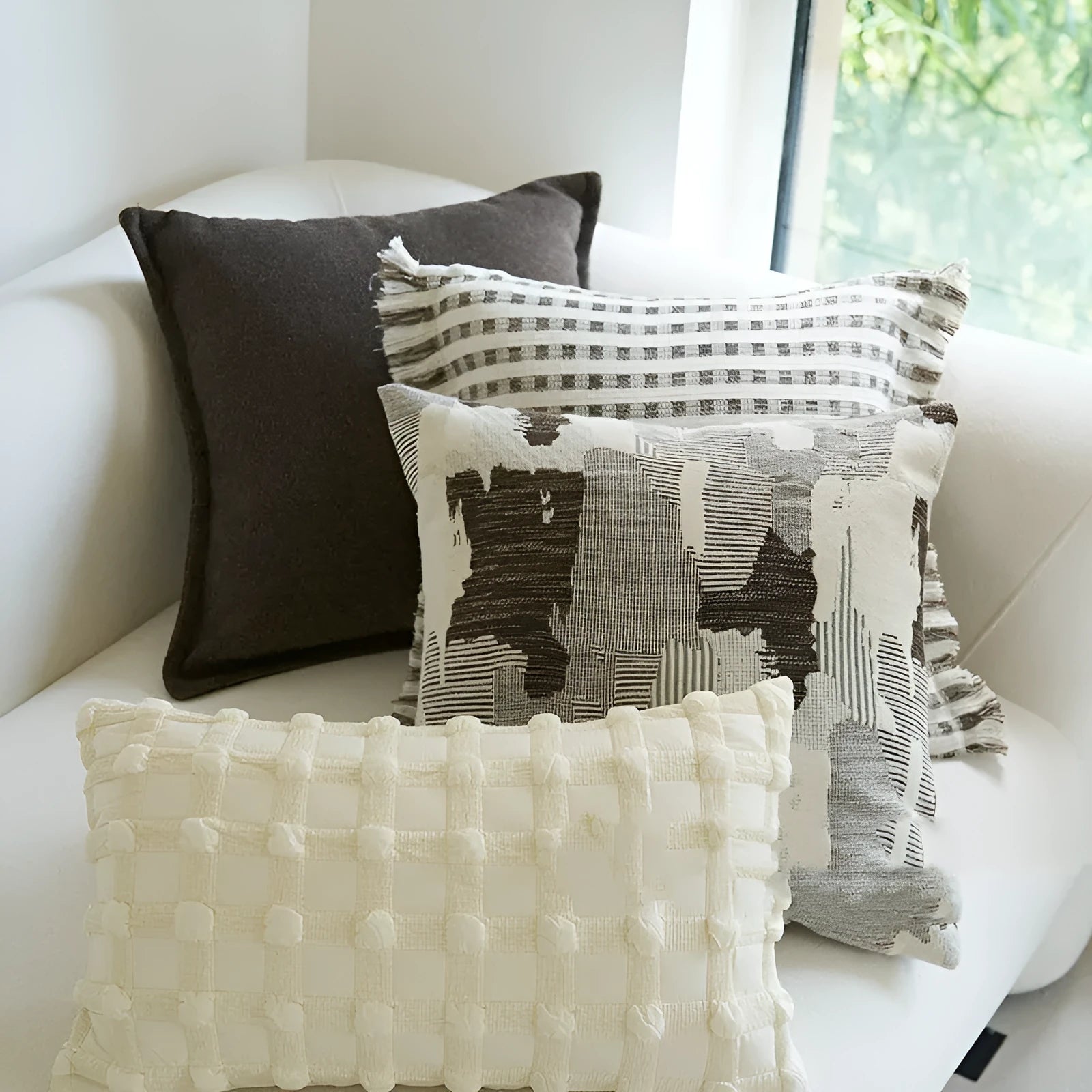 Coffee brown Chinese classical stripe pattern decorative cushion in 30x50cm and 45x45cm sizes.