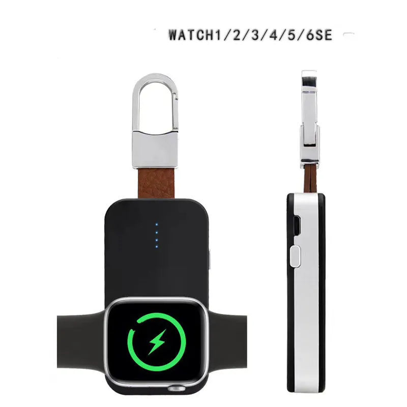Black Apple Watch wireless charging power bank on a keyring, showing compact size.