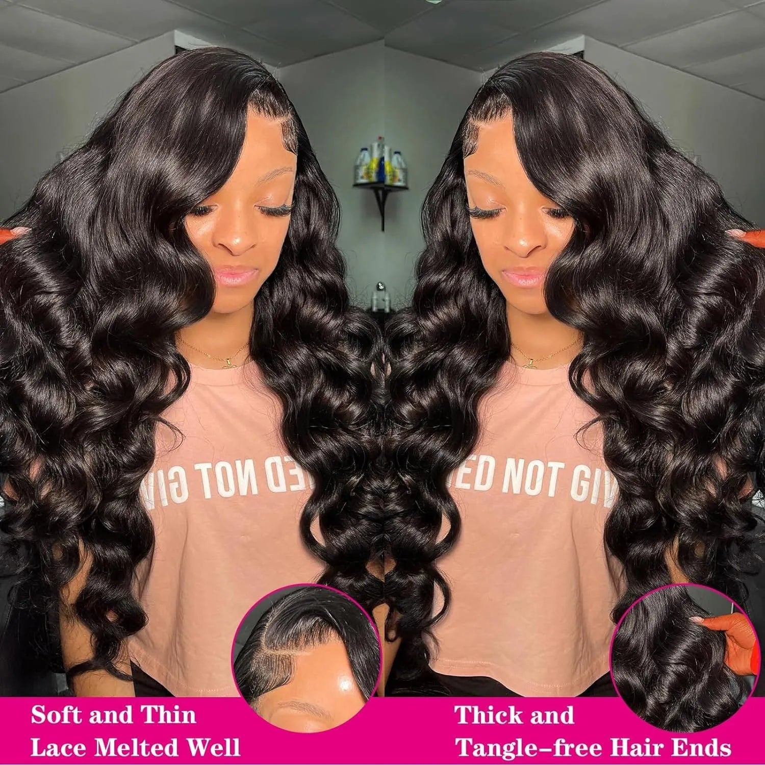 Black 22-inch long curly synthetic wig with lace front on a wig stand