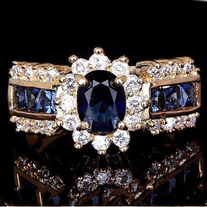 Personalised sunflower blue diamond and square cut blue or purple zircon rings for men and women.