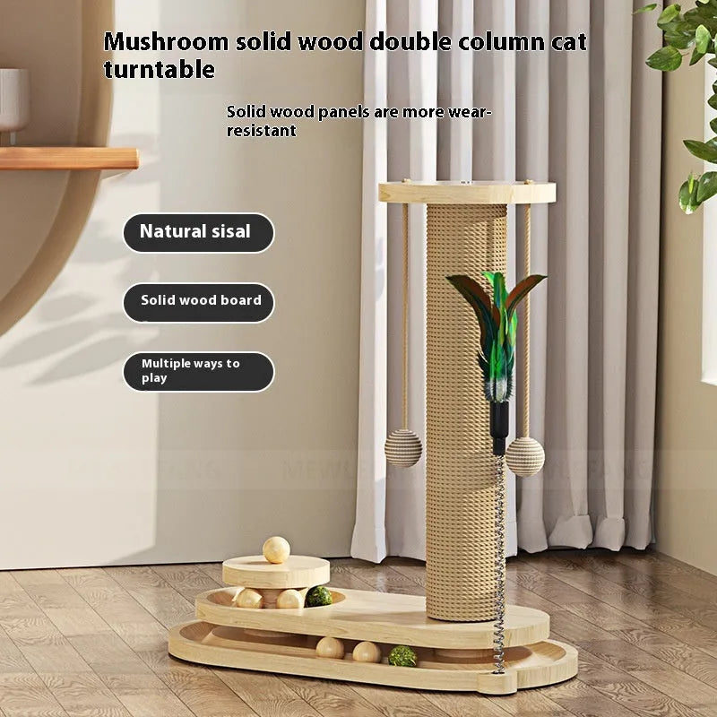 Solid wood cat climbing frame with a central rotating turntable scratching post