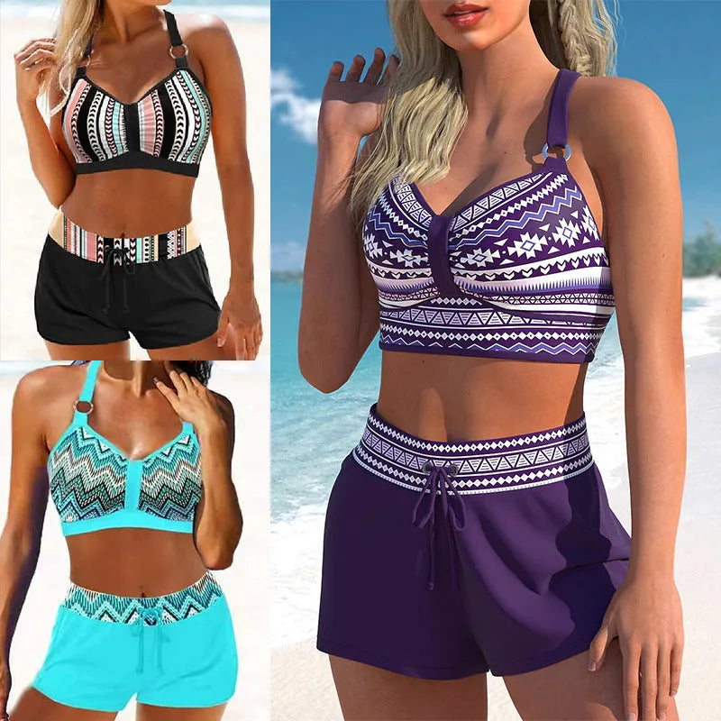 Women's two-piece polyester bikini swimsuit in a print pattern, shown on a mannequin.