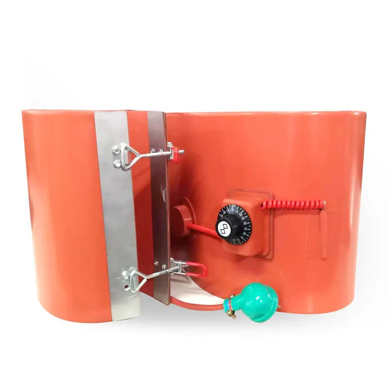 Silicone rubber heating belt wrapped around 200-litre oil drum with digital control display