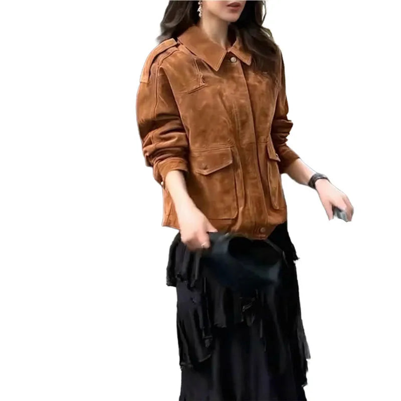 Women's brown polyester suede coat with regular sleeves and street chic styling
