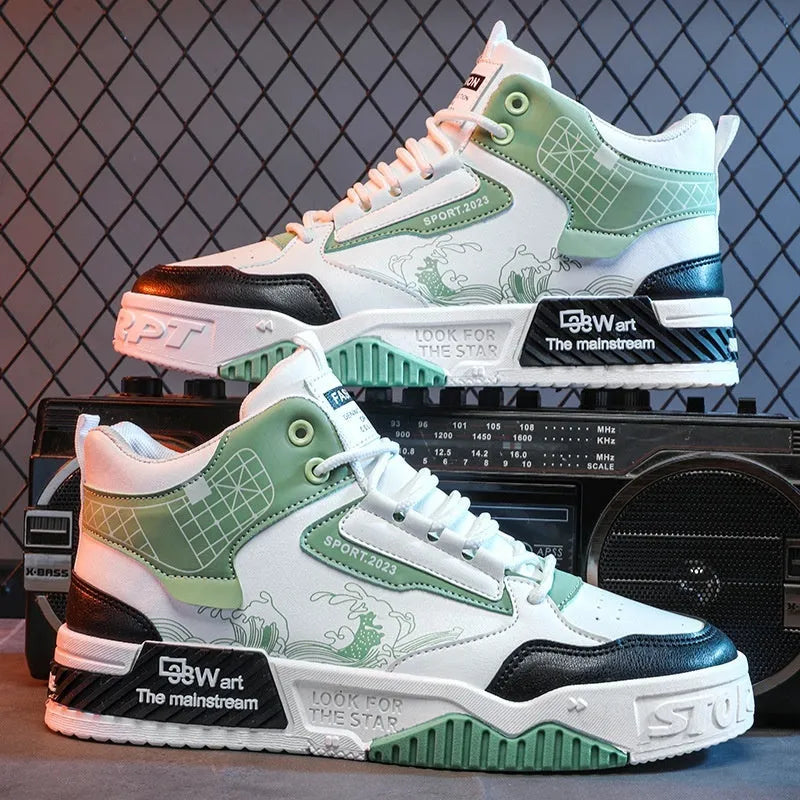 Men's high-top board shoes in beige, white and blue colours with lace-up front and rubber sole