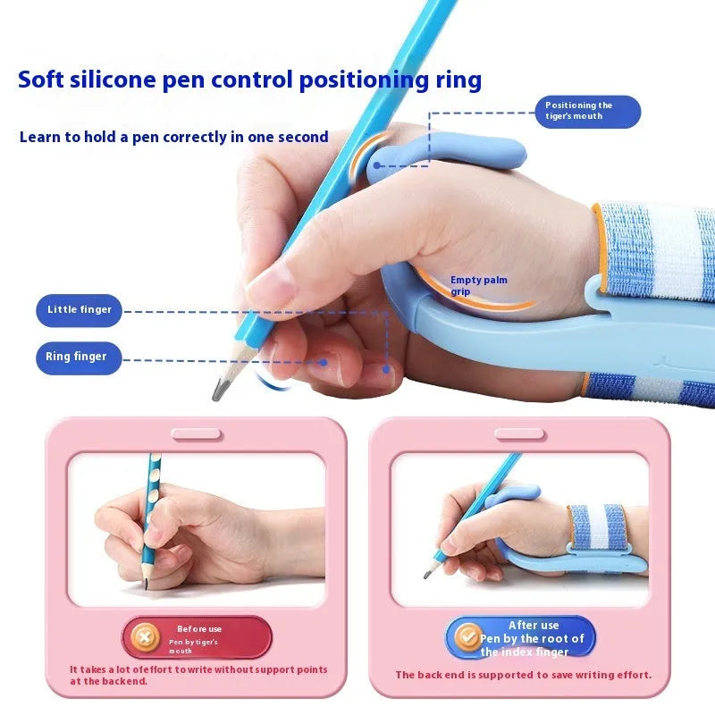 Blue anti-hook wrist brace pen corrector for children's handwriting posture on a desk.