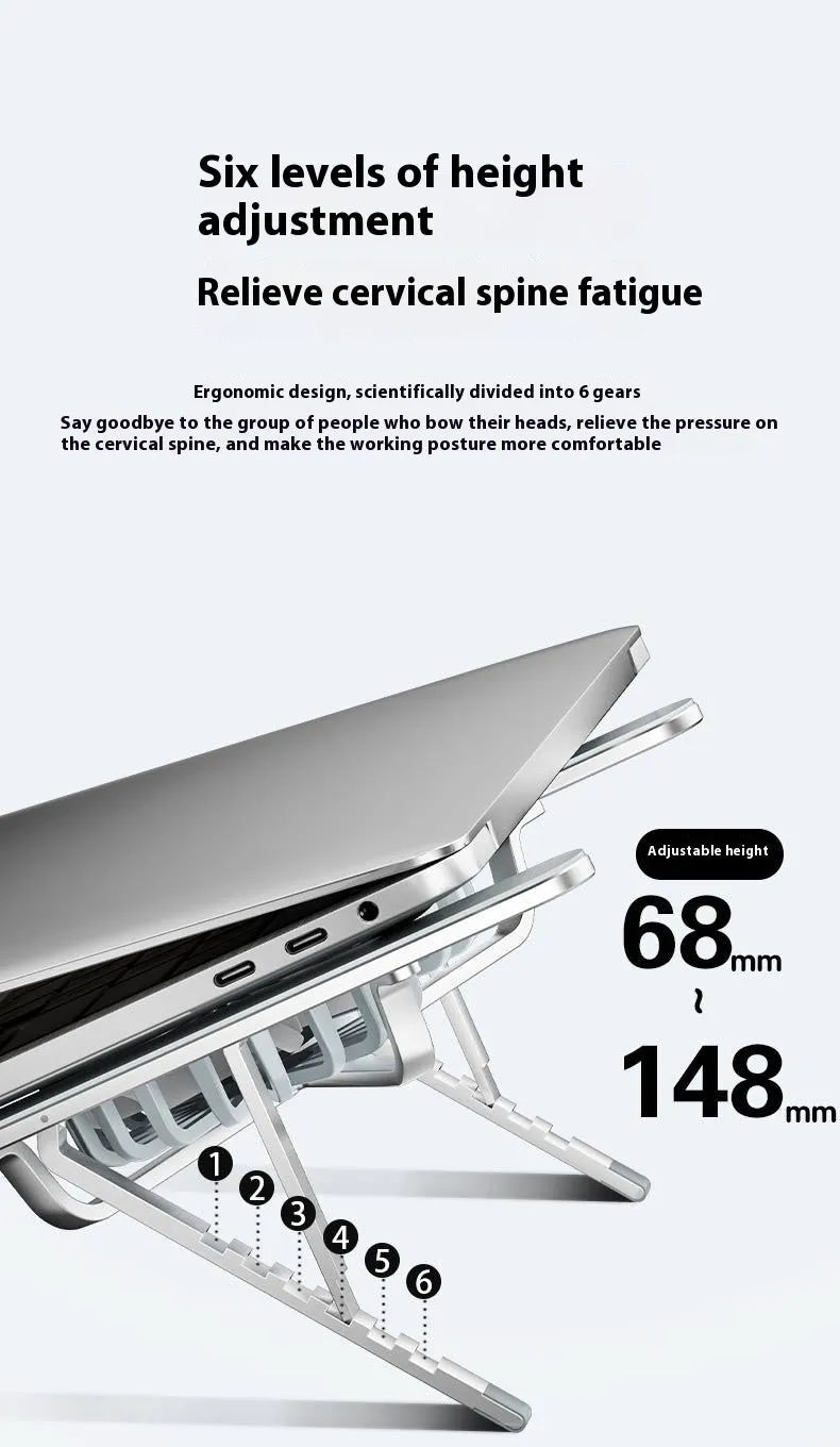 Silver aluminium laptop cooling stand with twin fans in folded position beside laptop