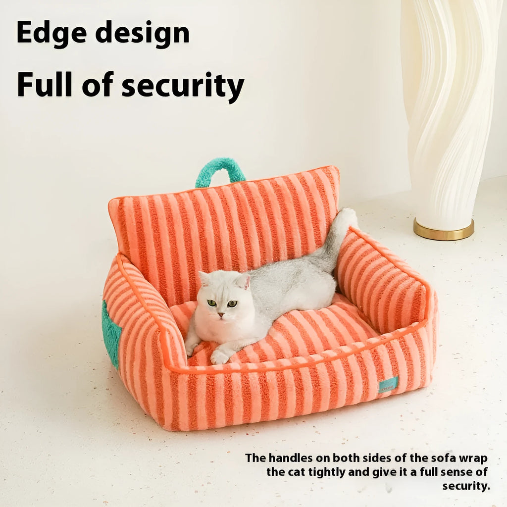 Striped soft velvet pet bed for cats and dogs with a removable cover in orange, purple, or yellow.