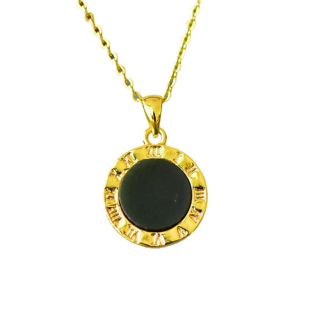 Flat, polished Hetian jade pendant in ink blue and gray, set within a handcrafted copper inlay on a necklace chain.