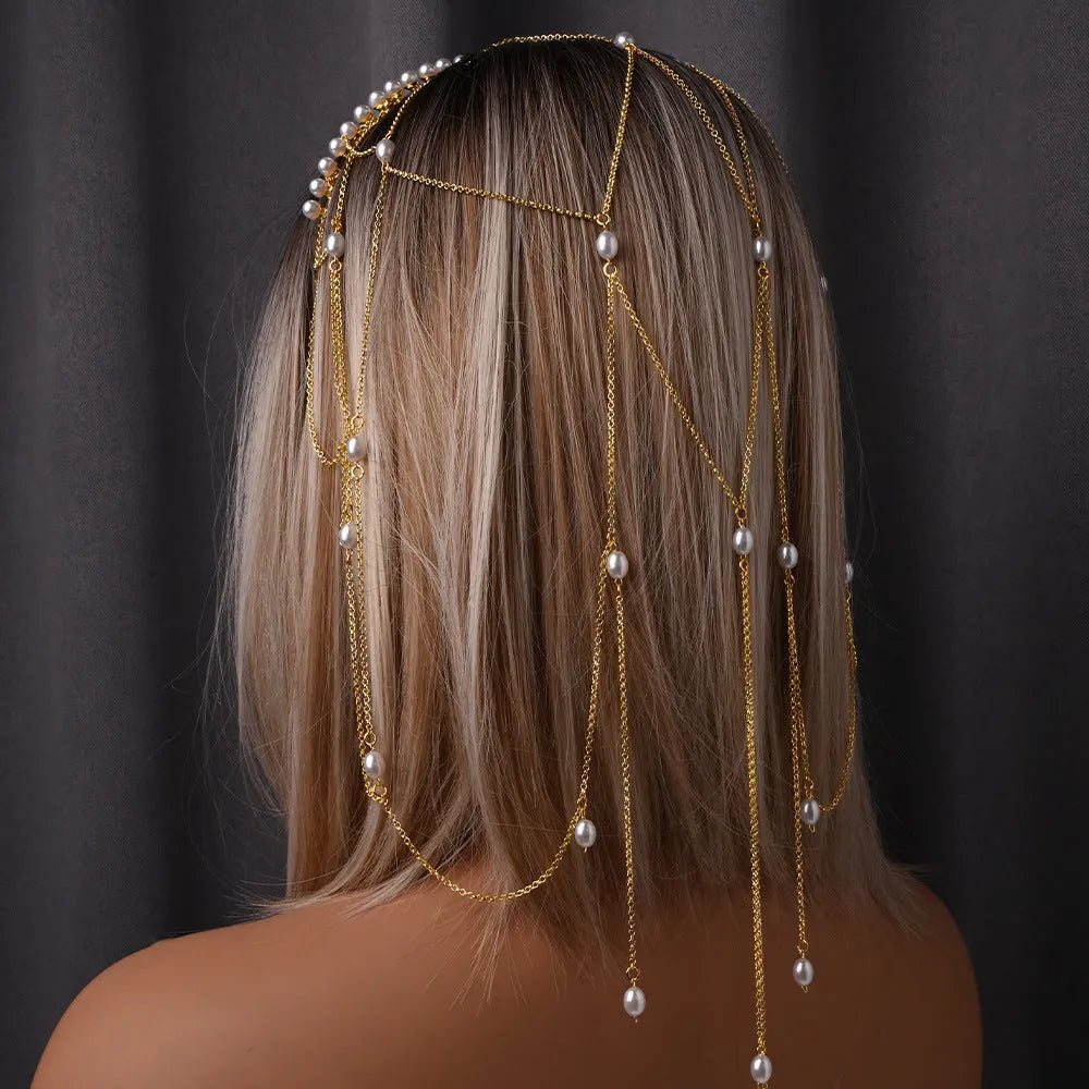 Gold or silver mesh tassel hair chain with pearl decorative elements for women's hairstyling