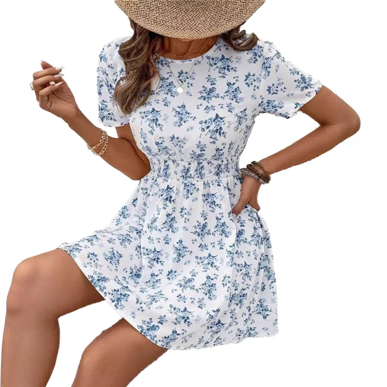 Light blue women's A-line midi dress with high waist, regular sleeves, and casual Japanese Korean style