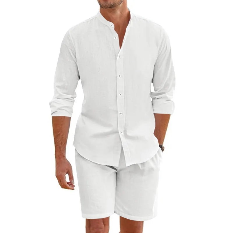 Men's linen blend summer shirt suit set with button-down top and drawstring shorts in multiple colour options