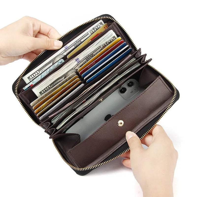 Long genuine leather women's wallet in six colour options showing large capacity and card organisation